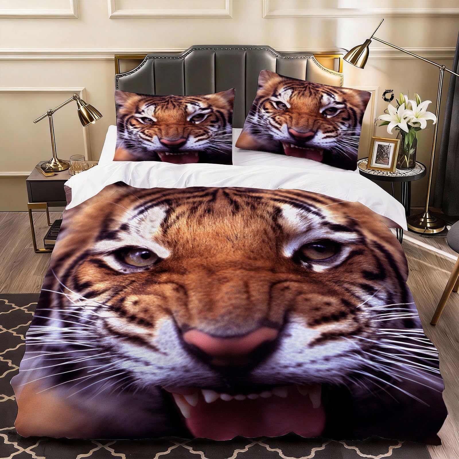 3D Tiger Animal Duvet Cover Wild Animals Bedding Double Bed Set, Soft Microfiber Comforter Cover Printed with Zipper Closure Quilt Coverr 200x200 cm and 2 Pillowcases