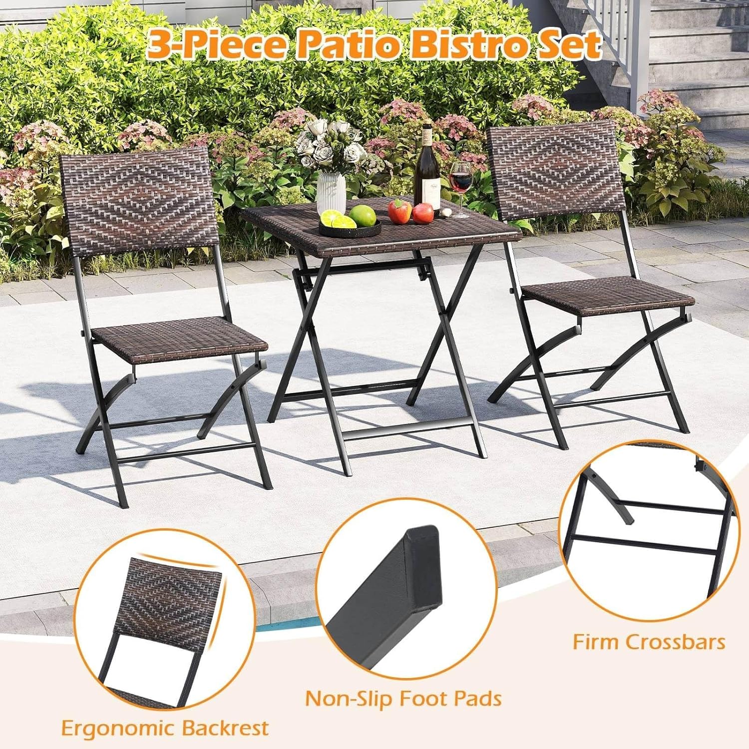 3PCS Rattan Bistro Set w/Wicker Seat & Tabletop Durable Frame for Backyard, Garden, Balcony