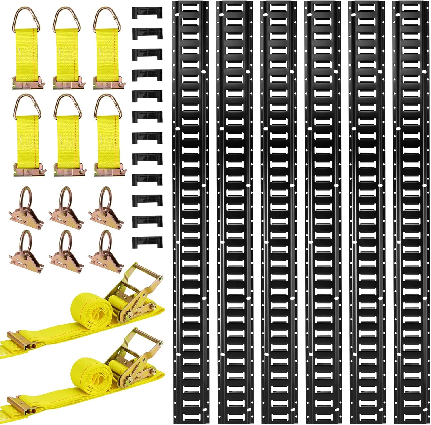 VEVOR E-Track Tie-Down Rail Kit, 6 Pack 5 ft E Track Rails, 26 Pcs Includes 2 Ratchet Straps & 6 O-Rings & 6 Tie-Offs with D-Ring & 12 End Caps, Fit for Garages Vans Trailers Motorcycles
