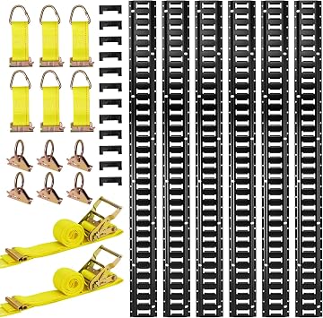VEVOR E-Track Tie-Down Rail Kit, 6 Pack 5 ft E Track Rails, 26 Pcs Includes 2 Ratchet Straps & 6 O-Rings & 6 Tie-Offs with D-Ring & 12 End Caps, Fit for Garages Vans Trailers Motorcycles