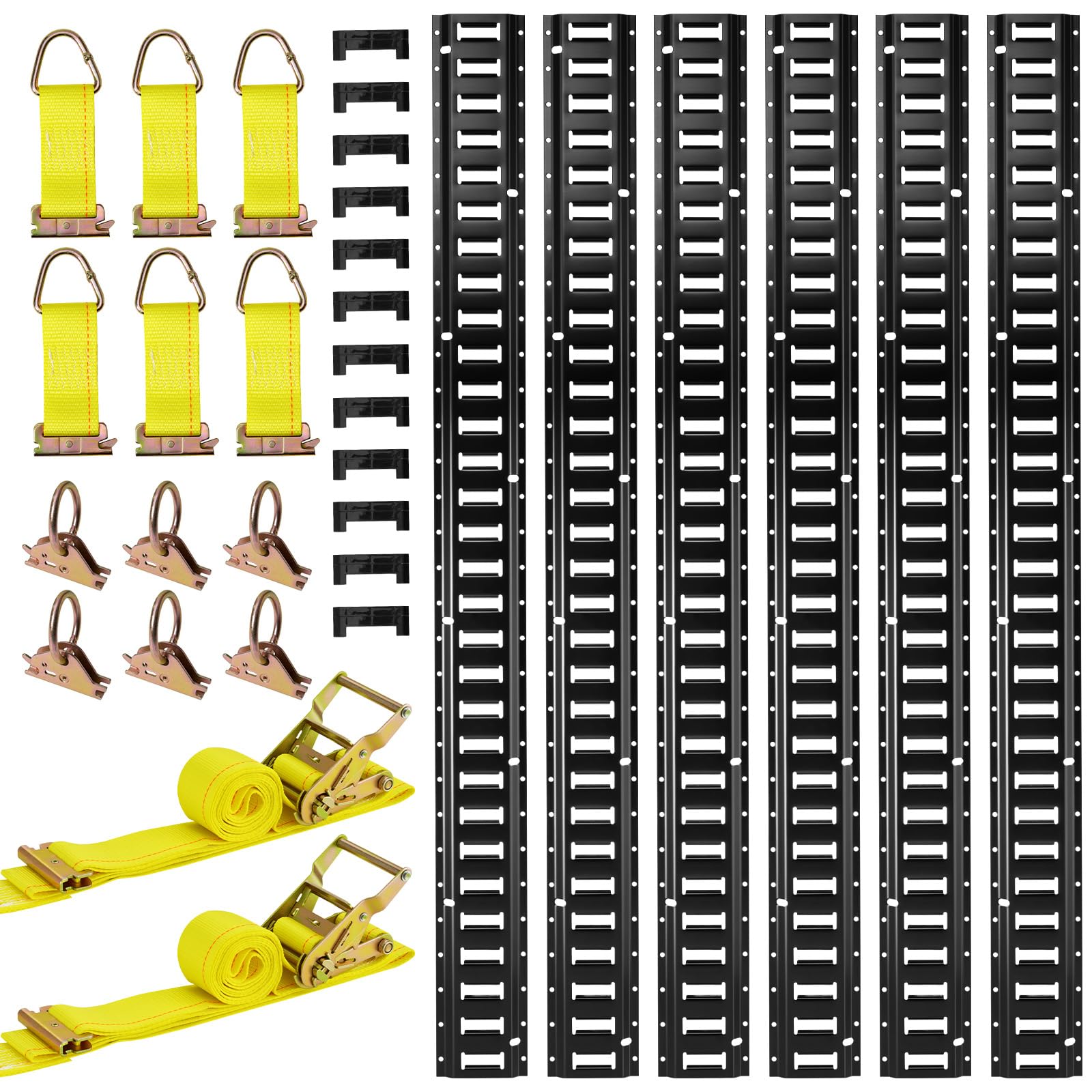 VEVOR Kit Rails Arrimage E-Track, 6 Rails E Track de 1,5 m, 26 Accessoires Comprenant 2 Sangles à Cliquet, 6 Joints Toriques, 6 Attaches avec Anneau en D, 12 Embouts, pour Fourgons Remorques Garages
