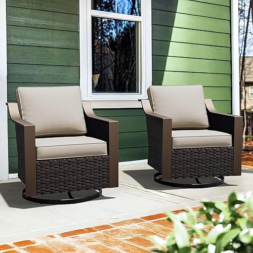 Miniatura 7 de Juego de 2 sillas giratorias de metal para patio, juego de muebles de conversación de mimbre, tapizados y mecedoras deslizantes de 360 grados, ratán