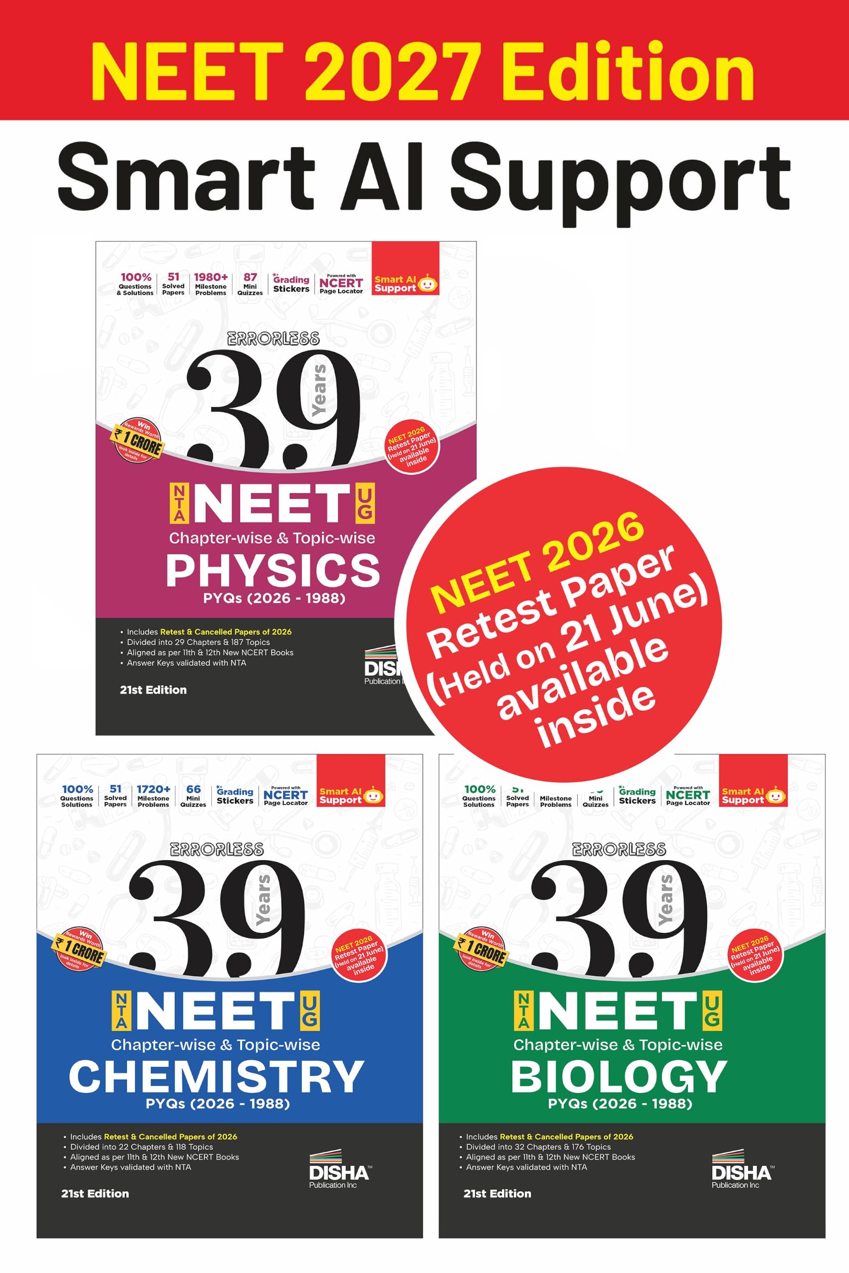 Disha Combo (3 Books) Errorless 39 Years NEET Chapter-wise & Topic-wise Physics, Chemistry & Biology NEET PYQ Book(2026 - 1988) 21st Edn | NEET Previous Year Solved Papers with 2026 Cancelled & Retest