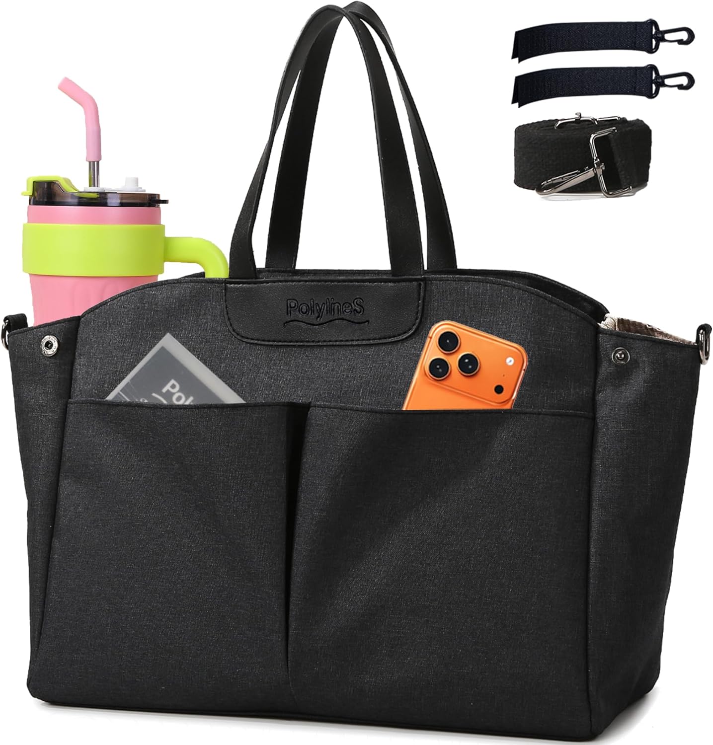 Large Tote Bag for Women, Lightweight Work Handbag with Cup Holder & Laptop Compartment, Spacious Travel Shoulder Bag for Office, Gym, College, Daily Commute (Heathered Black)