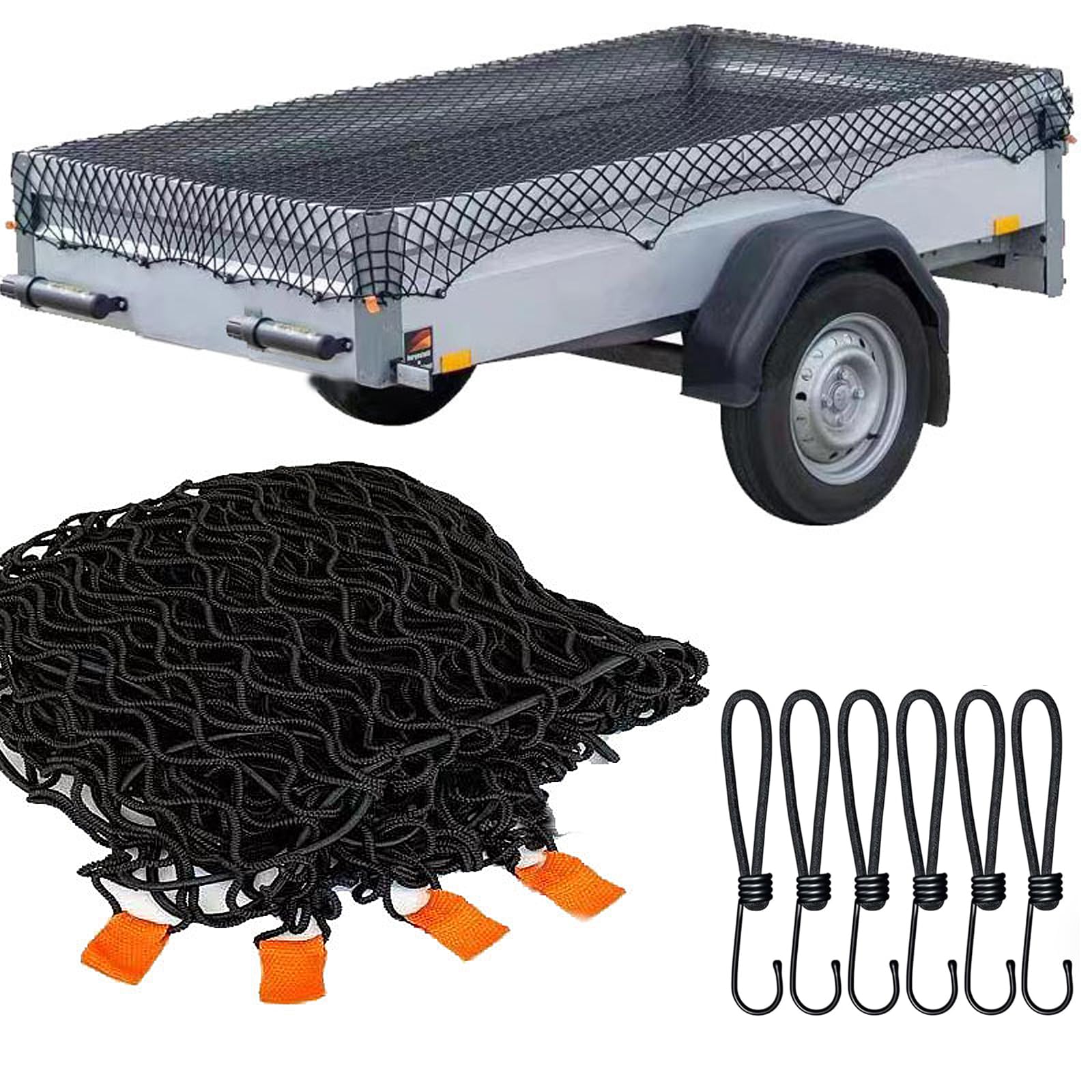 Filet Remorque, 1,5 x 2,2 m Extensible Filet de remorque élastique Noir, avec Crochets et Boutons de Fixation, Maille Fine pour Sécuriser le Chargement