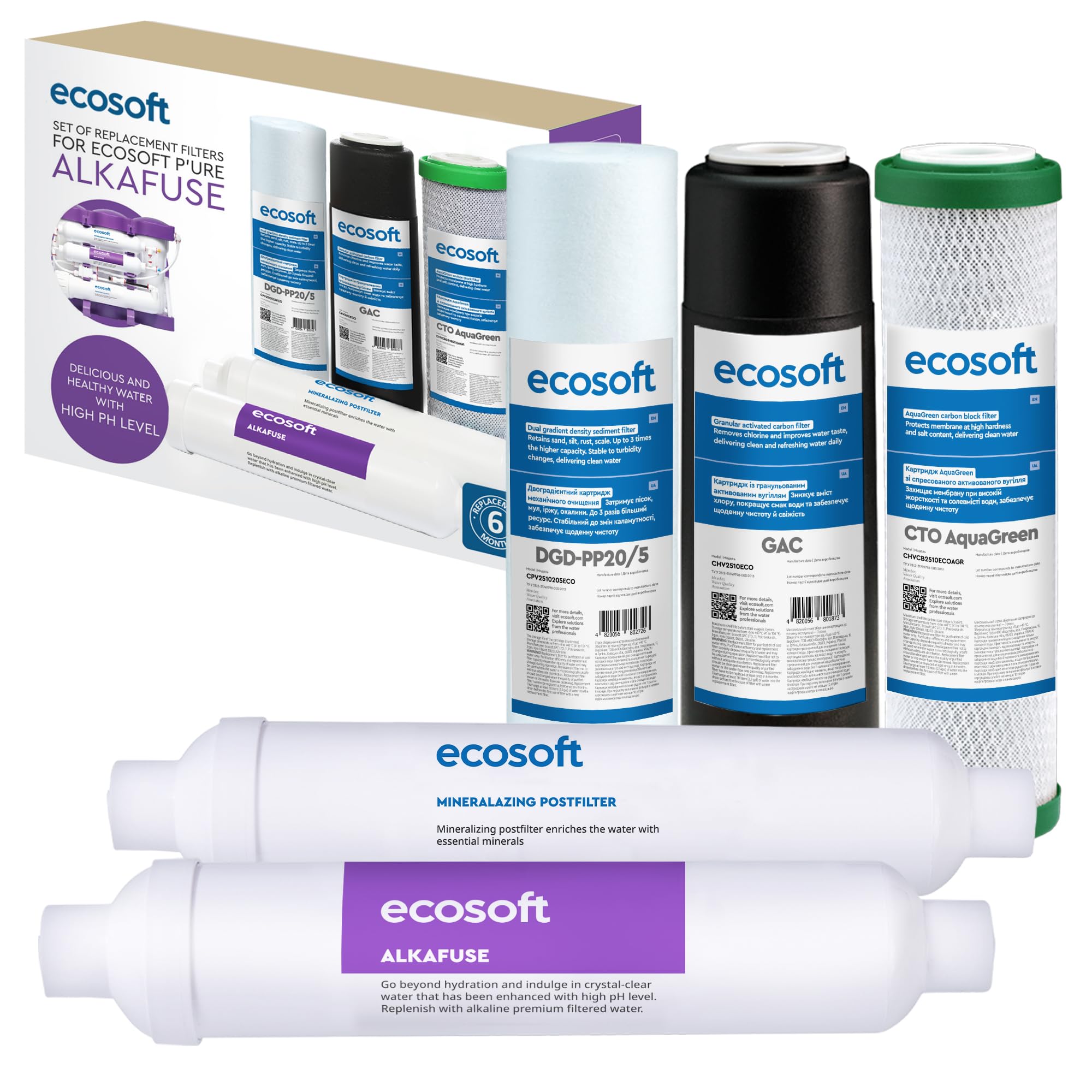 Ecosoft filtro de ósmosis inversa – Set de recambios 5 etapas sin bomba con alcalinizador | Agua potable doméstica equilibrada | Instalación bajo fregadero