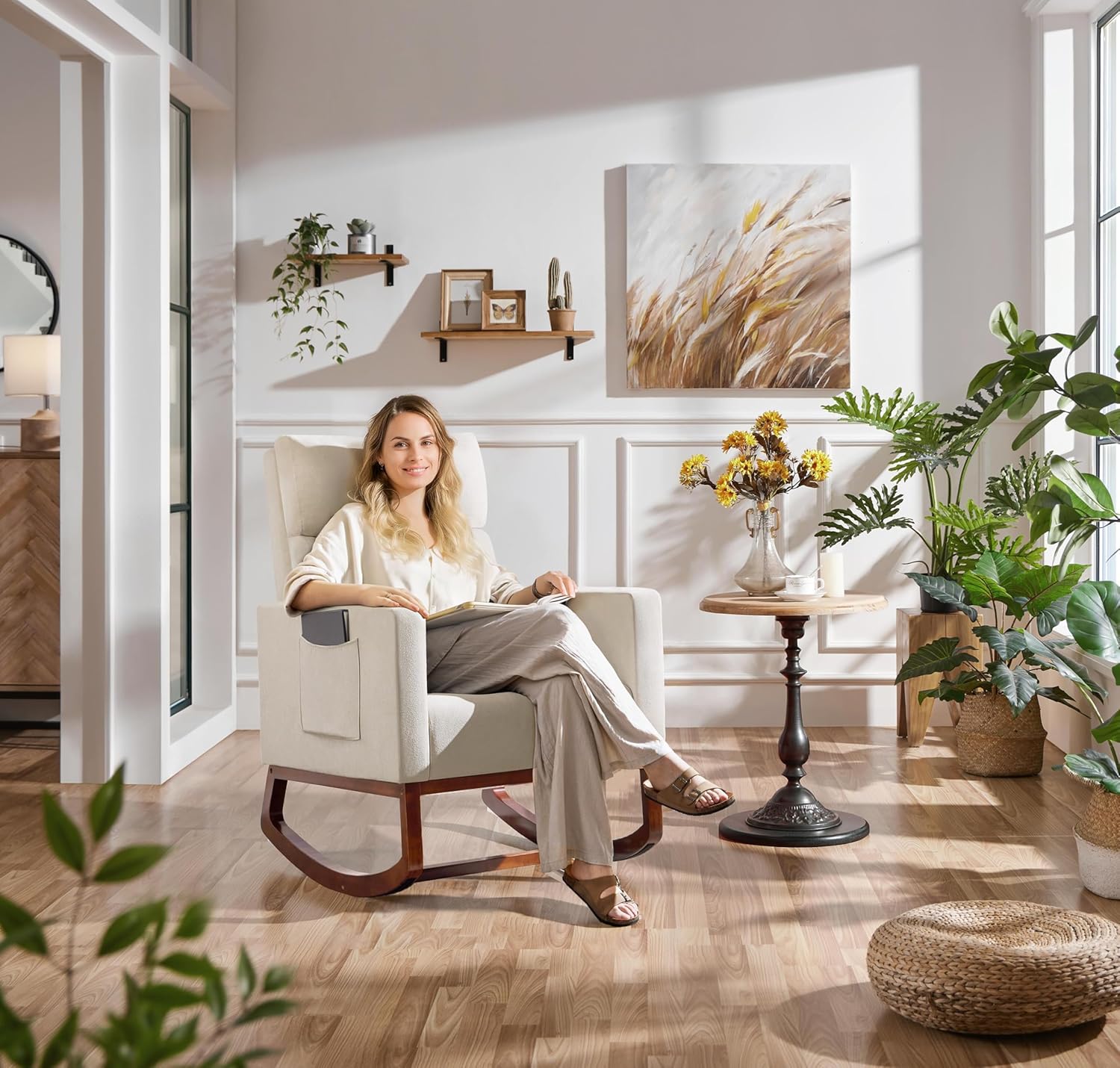 All components of the Yaheetech Rocking Living Room Chair laid out for assembly.