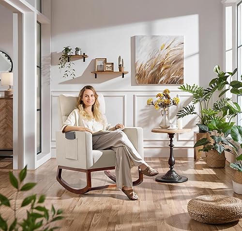 Miniatura 22 de Yaheetech Boucle - Silla de sala de estar, moderna silla mecedora tapizada, silla de guardería con bolsillo lateral y sillón de respaldo alto para