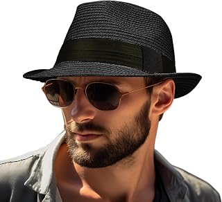 Straw Fedora Hat for Women Men Packable Short Brim Roll Up Trilby Hat Panama Summer Beach Sun Hat UPF 50+