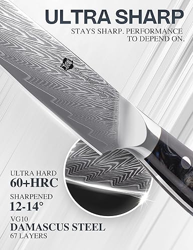Miniatura 3 de WILDMOK Cuchillo de cocina de 5 pulgadas, Damasco Japón VG-10, cuchillo de cocina de acero afilado, mango ergonómico de resina de color, caja de