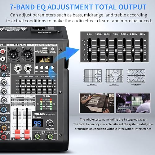 Miniatura 4 de Mezclador de audio, mezclador profesional de DJ de 6 canales con efectos DSP de 99 bits, ecualizador de 7 bandas, alimentación fantasma de 48 V,