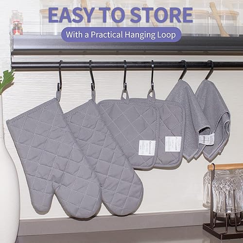 Miniatura 4 de Manoplas de horno y soportes para ollas y paños de cocina, juego de 8 piezas, guantes de horno resistentes al calor, guantes de horno cómodos de