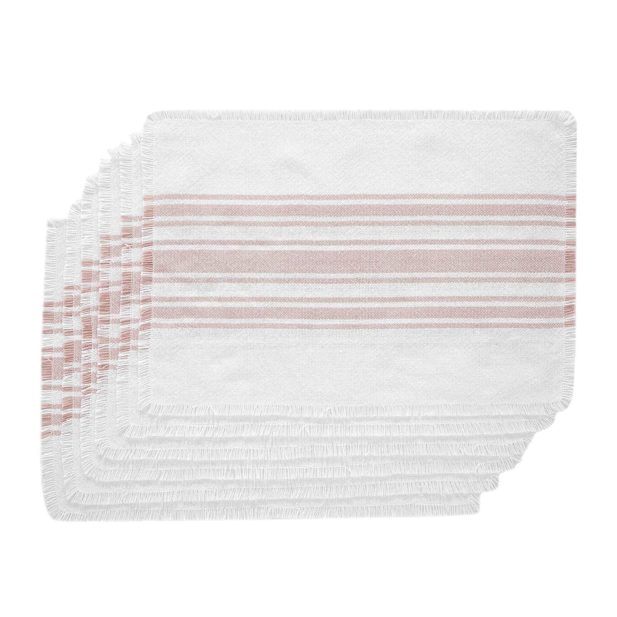VHC Brands Juego de 6 manteles individuales de plástico reciclado rosa (PET) a rayas blancas antiguas de 13 x 19 pulgadas, resistentes al agua, ovalados para decoración de mesa de cocina