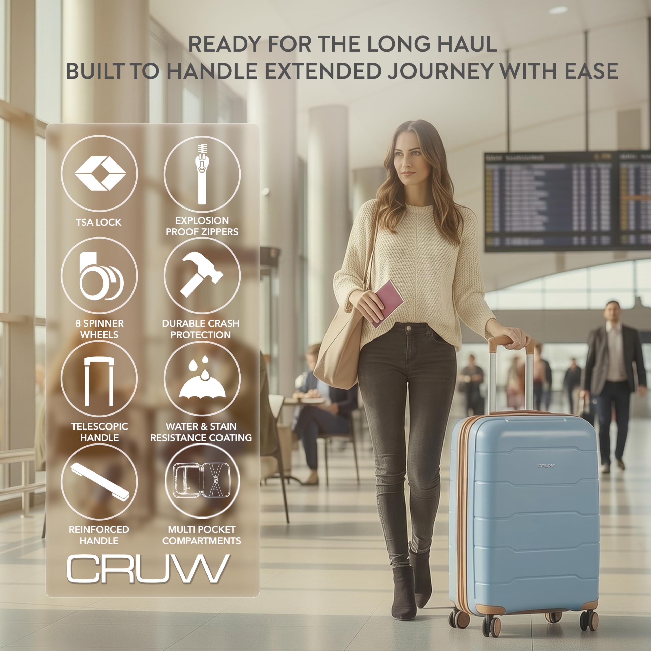 CRUW Medium 24" Checked Luggage 56x45x29cm + Expandable Hold Baggage (64/80 Liters) Polypropylene Suitcase TSA Approved Lock 8 Silent Spinner Wheels Lightweight Suitcases Airline-Approved Travel