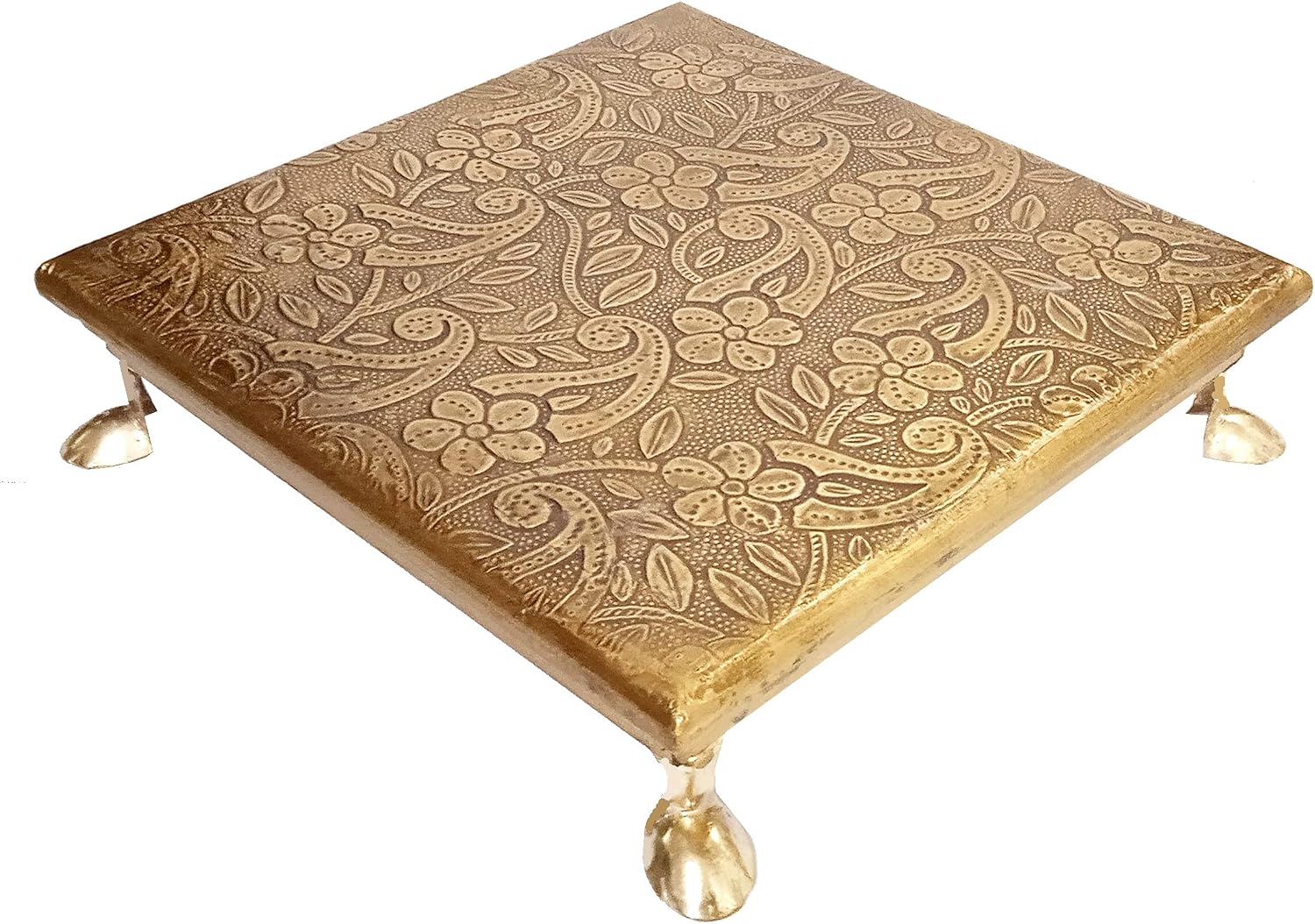 Purpledip Wooden Platform Chowki with Embossed Brass Sheet: Plinth Aasan for Statue, Idol Or Vase, Small (12349C)
