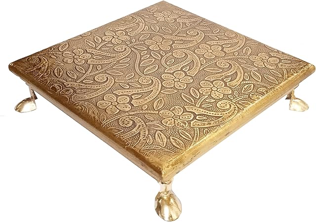 Purpledip Wooden Platform Chowki With Embossed Brass Sheet: Plinth Aasan For Statue, Idol Or Vase, Small (12349C)
