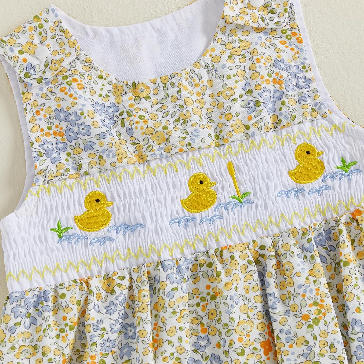 Baby Girl Floral Bubble Romper with Duck Embroidery Sleeveless Smocked Bodysuit Farm Animal Summer Outfit