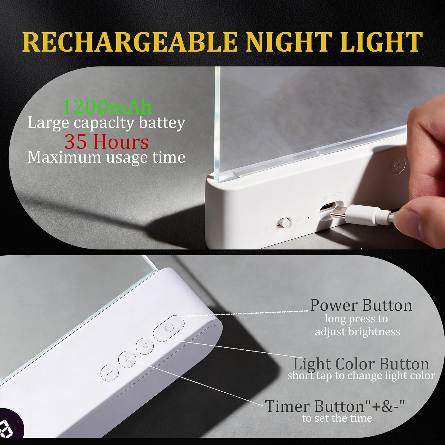 Book Light Panel, Flat Book Light Rechargeable, Acrylic Clear Smart LED Reading Lights with Brightness Adjustment, Full Books Page Lights with 3 Colors & Timer for Readers (White)