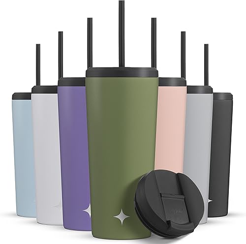 JoyJolt Vaso de acero inoxidable con triple aislamiento de 20 onzas con tapa y popote 2 cada uno al vacío de doble pared forrado de cobre para