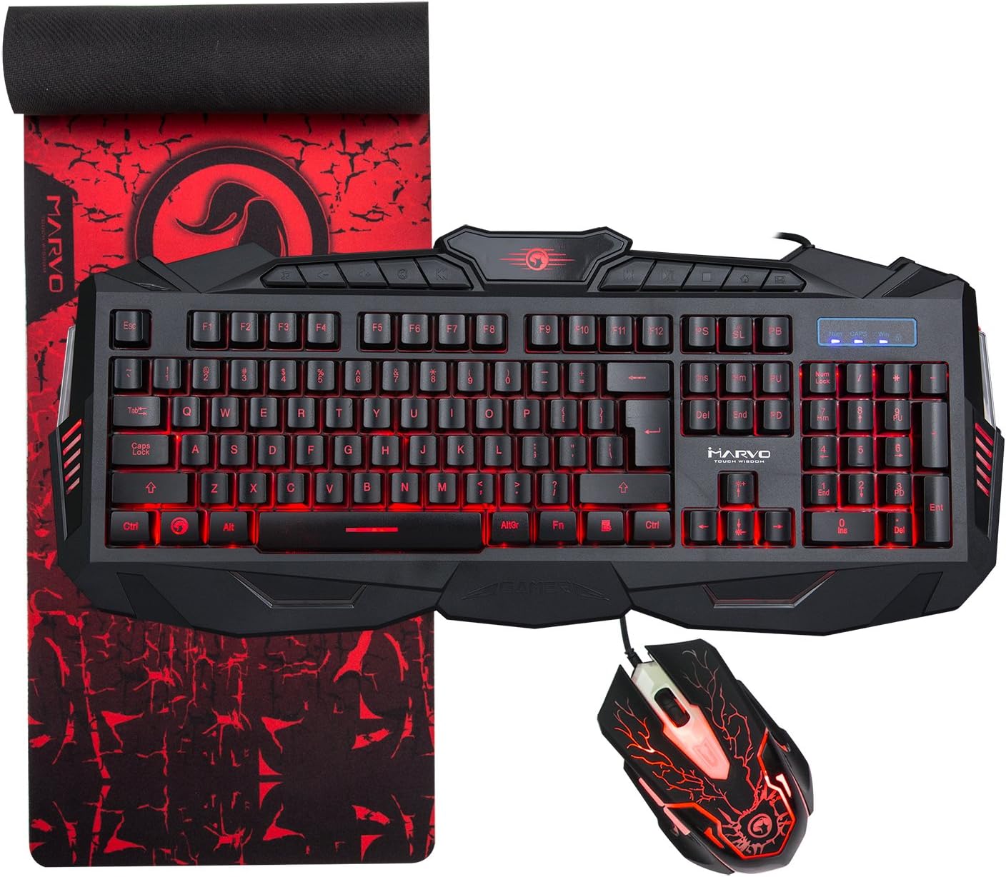 MARVO KM400 Gaming Keyboard LED Mouse and Large Mouse pad Combo 3 Color Backlit Keyboards 7 Color 2400DPI Mice 27.6"x8.8" Extended Mouse mat Mouse Keyboard Set for PC/Laptops/Computer