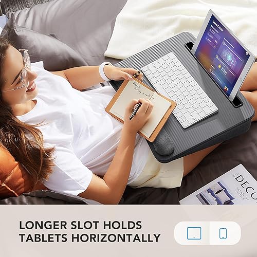 Vista 31 de HUANUO Escritorio portátil para laptop con cojín de almohada, se adapta a portátiles de hasta 15.6 pulgadas, con tira antideslizante y función