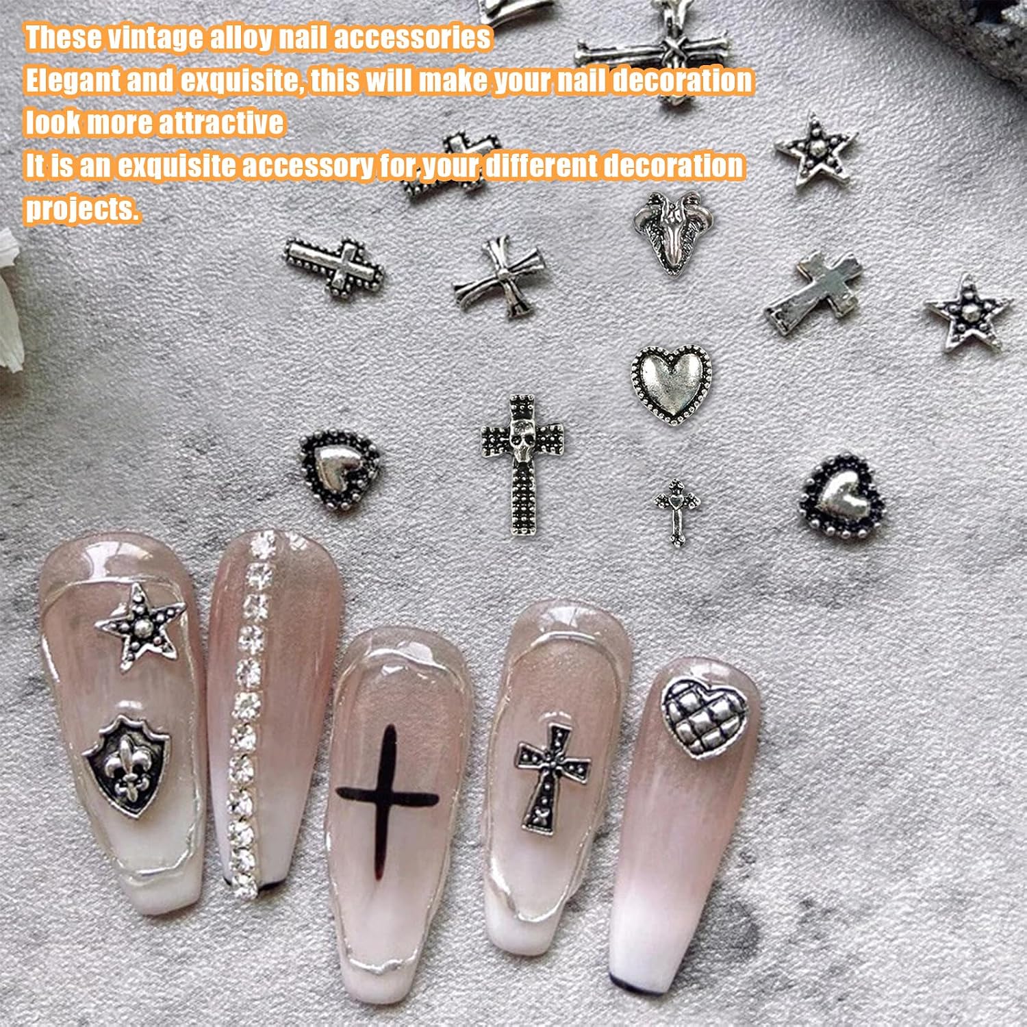 Cross Nail Charms,1Boxes 12Grids 3D Silver Goth Nail Gems,Vintage Metal Alloy Cross Star Heart Nail Charm Rhinestones Studs for Women Girls Manicure Design (Silver)