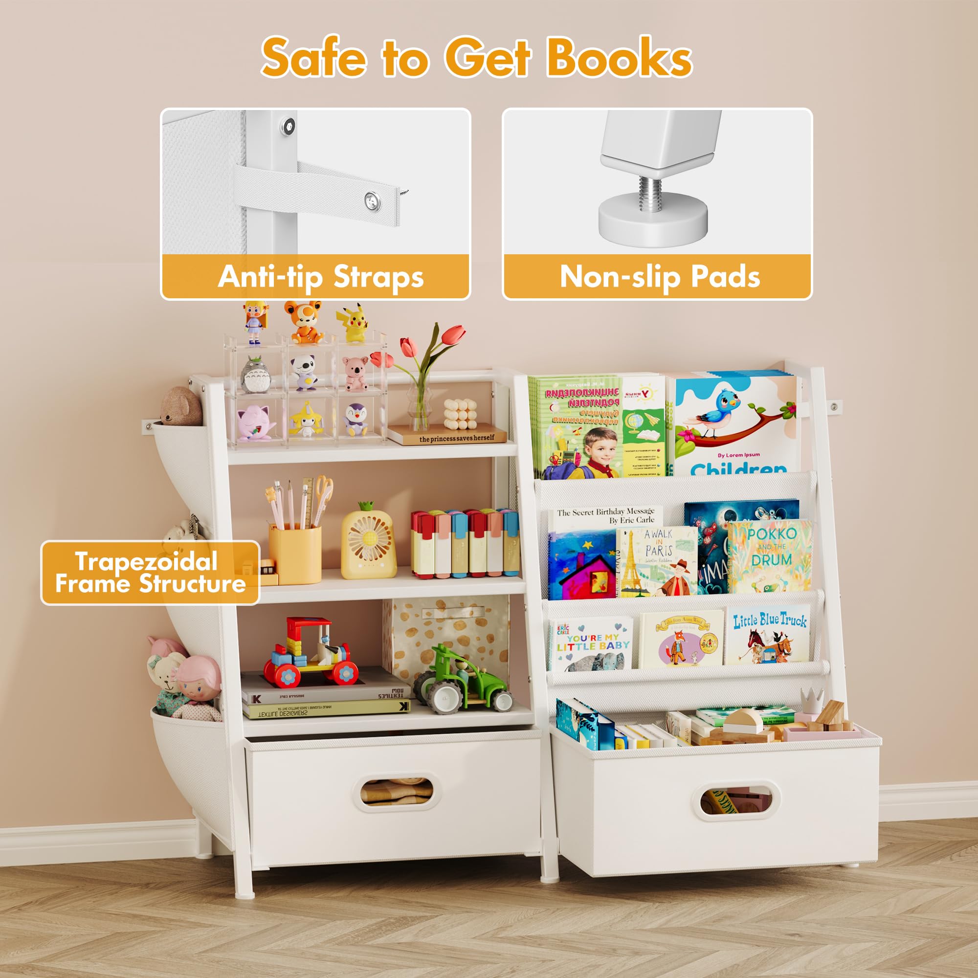 Estantería infantil y organizador de almacenamiento de juguetes, estantería de 3 niveles para niños, estantería con honda y 2 contenedores de juguetes, estante para libros para habitaciones de 8