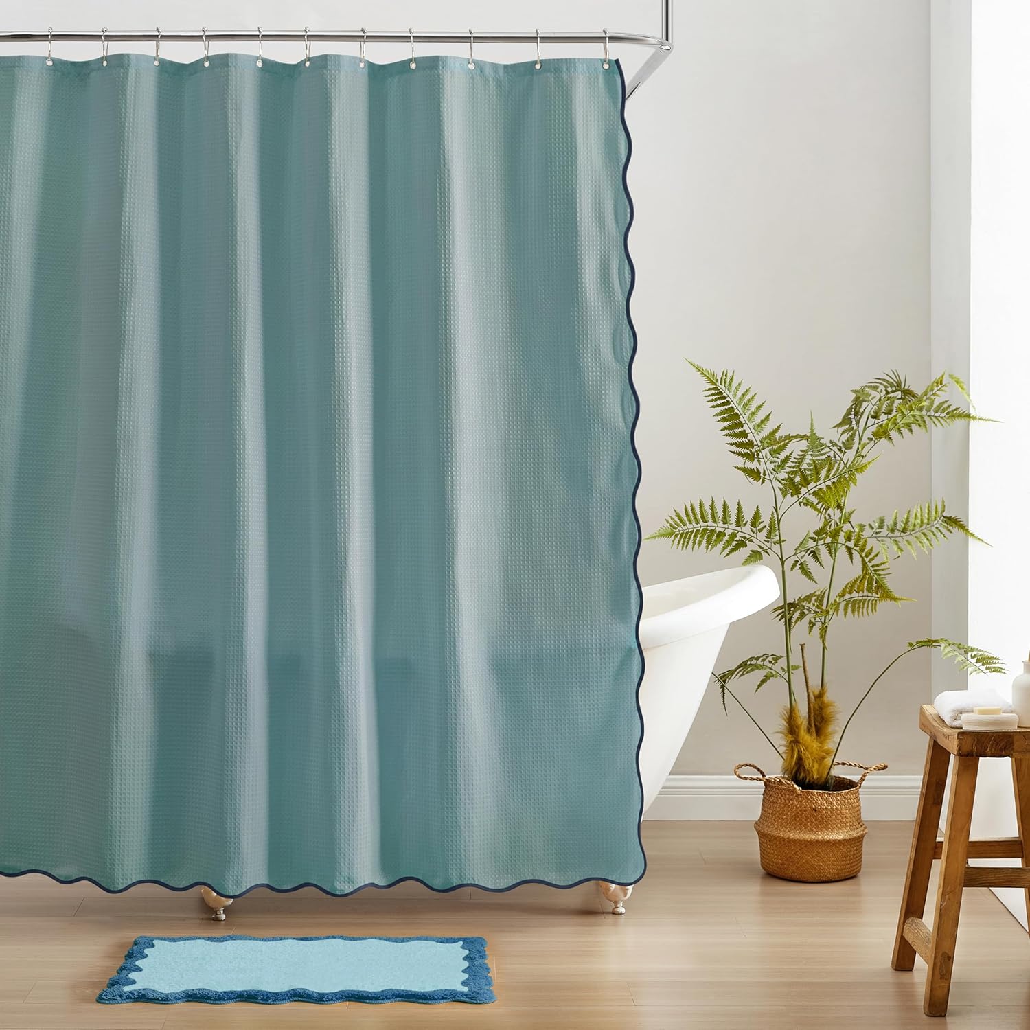 MONDAY MOOSE Scalloped Waffle Weave Shower Curtain with Rustproof Metal Grommet Holes for Bathroom, Machine Washable, Hooks Included (72x72 inch, Dark Blue/Sky Blue)