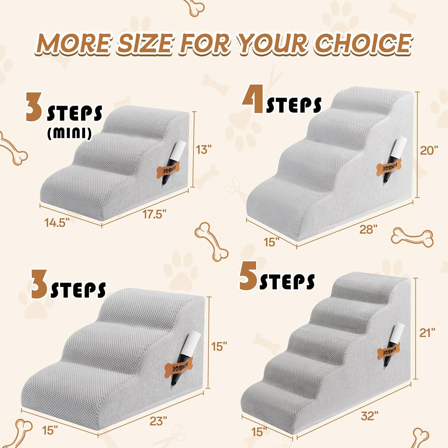 Romrol Dog Stairs Ramp for Beds Couches, 15.7” H 33D Extra Wide Pet Steps with Durable Non-Slip Waterproof Fabric Cover, Dog Slope Stairs for Small Dogs and Cats or Pets Friendly, 3-Tiers, Grey