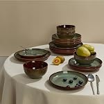 Plates and Bowls Set, POKINI 12 Pieces Stoneware Dinnerware Set, Handmade Reactive Glaze Dish Sets, Scratch Resistan Round Ceramic Dishes Set for 4, Dishwasher & Microwave Safe, Brown Green