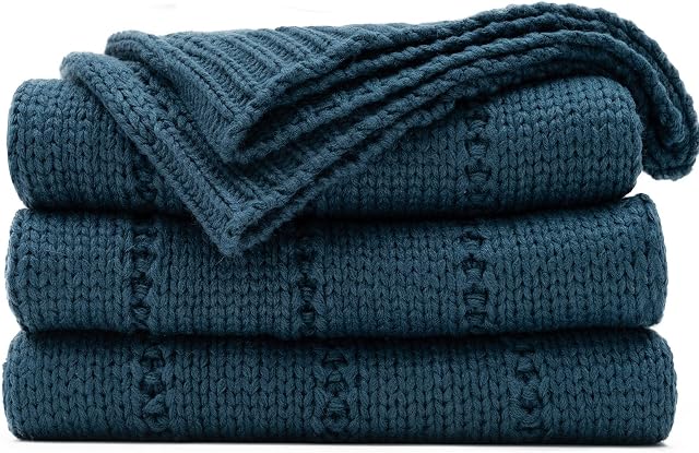 RECYCO Cable Knit Throw Blanket for Sofa Chair Couch Bed, sofa throw, bed throw, Navy, 152x127cm