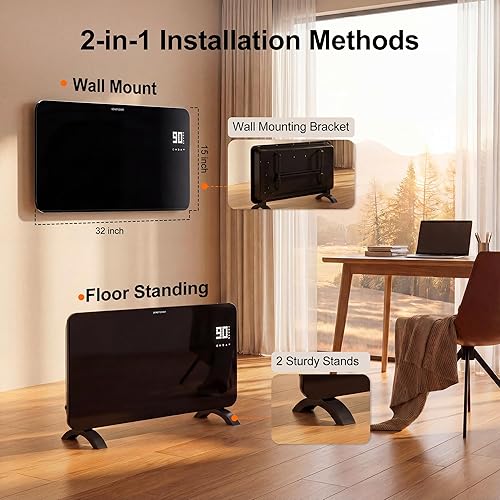 Miniatura 6 de Uthfy Calentador de panel de convección, calentadores eléctricos de 1500 W para habitación grande, LED, montado en la pared o en el suelo, control