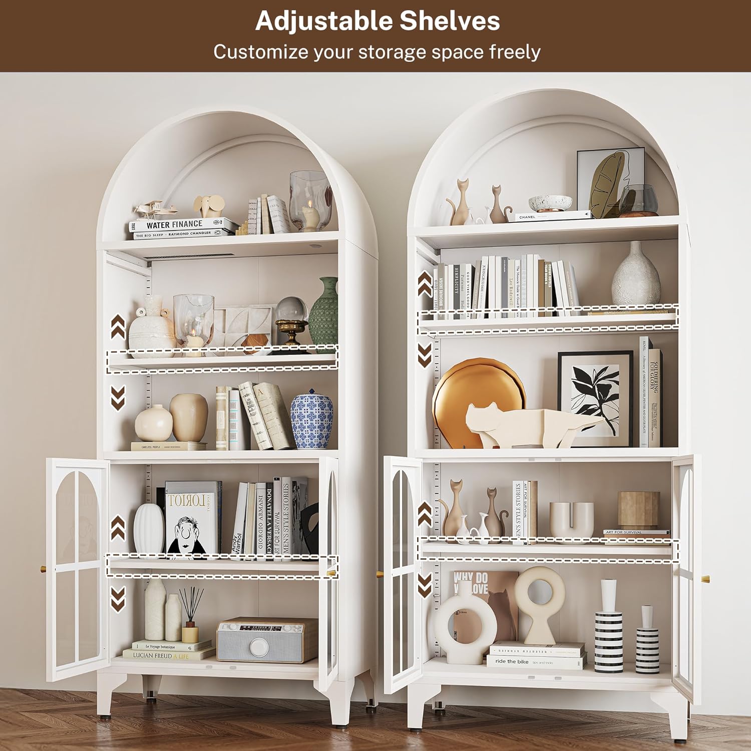 Lucky Monet 74" Tall Arched Cabinet with Glass Doors, 5-Tier Farmhouse Kitchen Pantry Cabinet, Metal Storage Cabinets with Adjustable Shelves, Display Bookcase for Living Dining Room (White, Style 3)