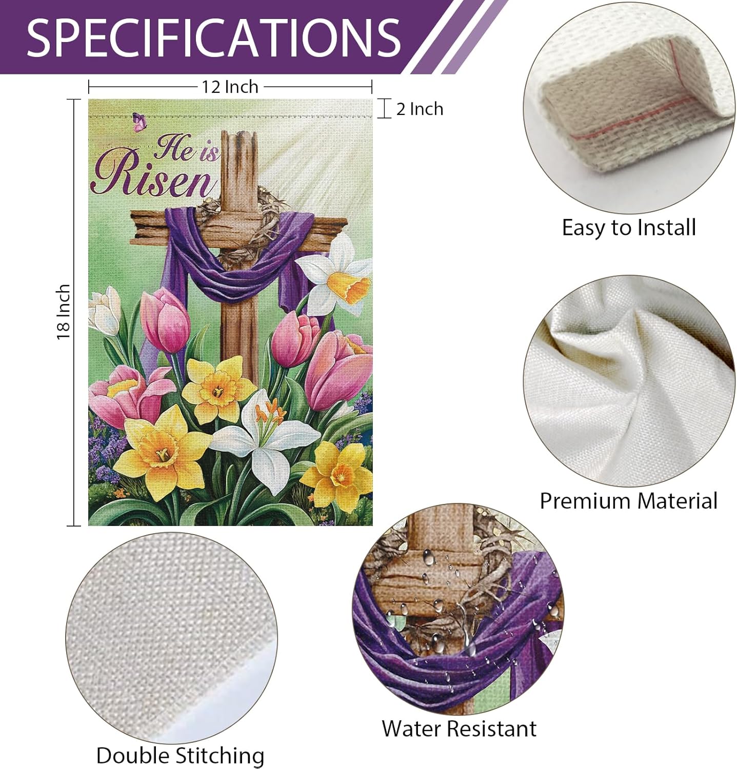 Heyfibro Easter Cross Garden Flag He is Risen Religious Garden Flags 12x18 Double Sided Burlap Lily Tulip Flower Yard Flag for Easter Holiday Farmhouse Yard Outdoor Decor(ONLY FLAG) - Image 4