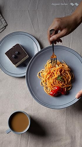 Miniatura 6 de famiware Juego de platos llanos para 6, vajilla de cerámica resistente a los arañazos de 10.5 pulgadas, juego de vajilla redonda irregular del Egeo,