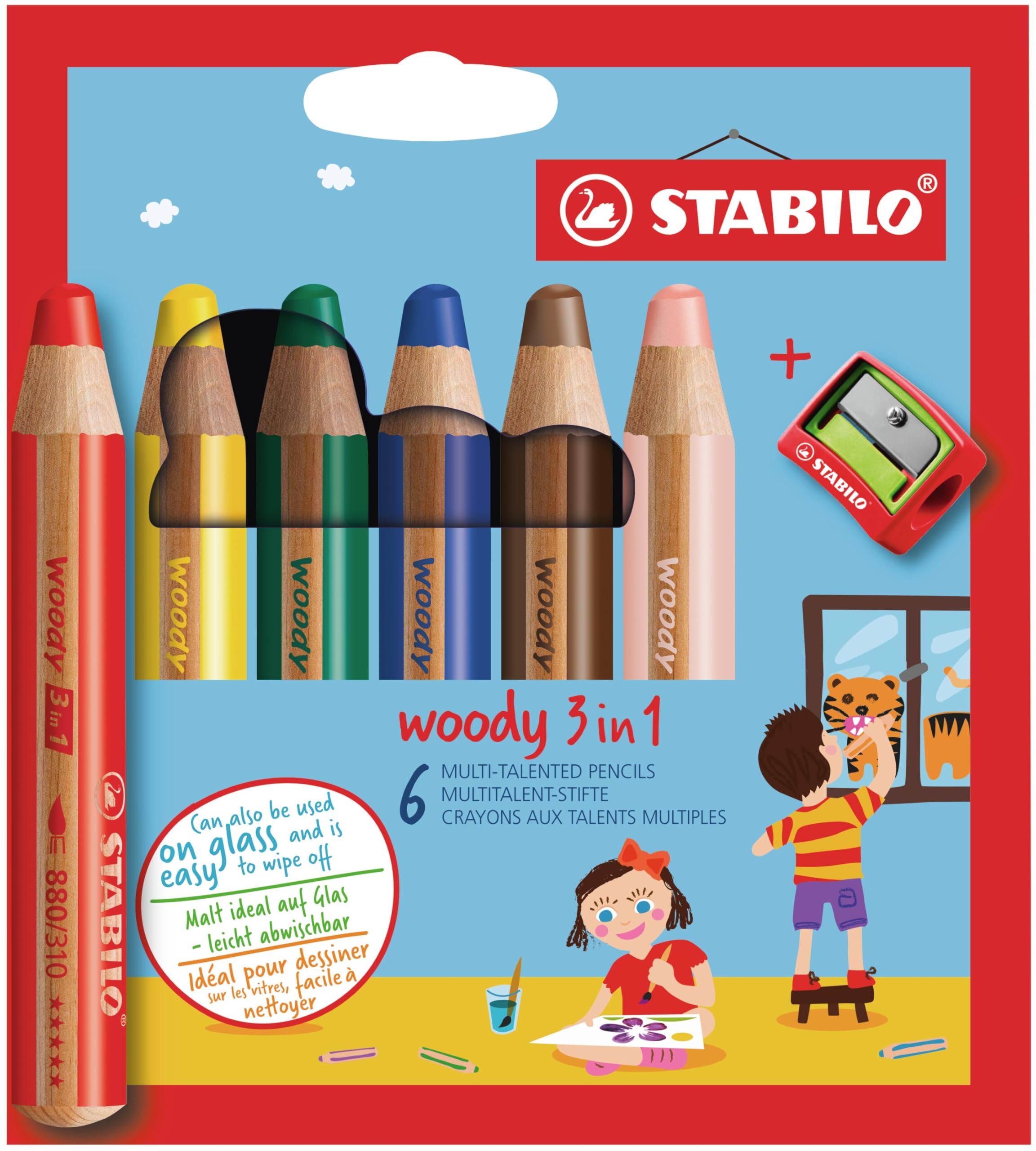 STABILO Woody 3 in 1 Buntstift, Wasserfarbe & Wachsmalkreide – 6er Pack mit Spitzer