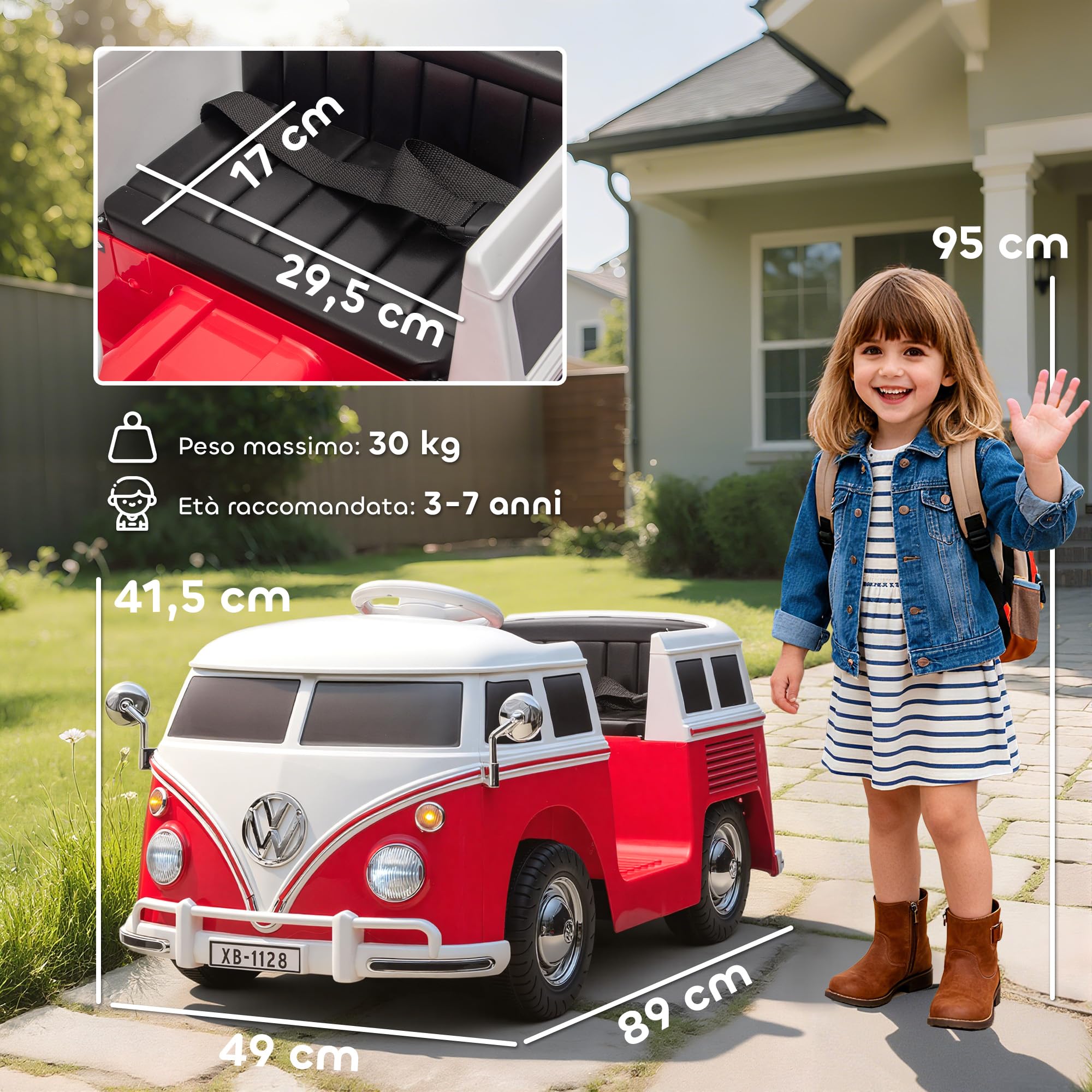 AIYAPLAY Macchina Elettrica per Bambini 3-7 Anni Volkswagen T1, 12V, Rosso | 3-8km/h, Auto Elettrica per Bambini con 2 Motori, Sospensioni, Partenza Lento, Musica, Fari e Clacson