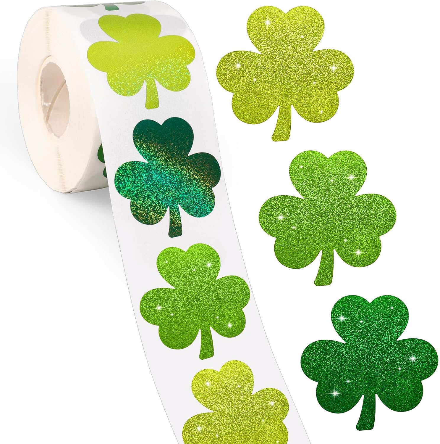 Whaline St. Patrick's Day Shamrock Stickers Roll Holographic Seal Stickers Sparkly Green Lucky Clover Self-Adhesive Decals for Irish Holiday Envelope Journal Decor, 500 Pcs