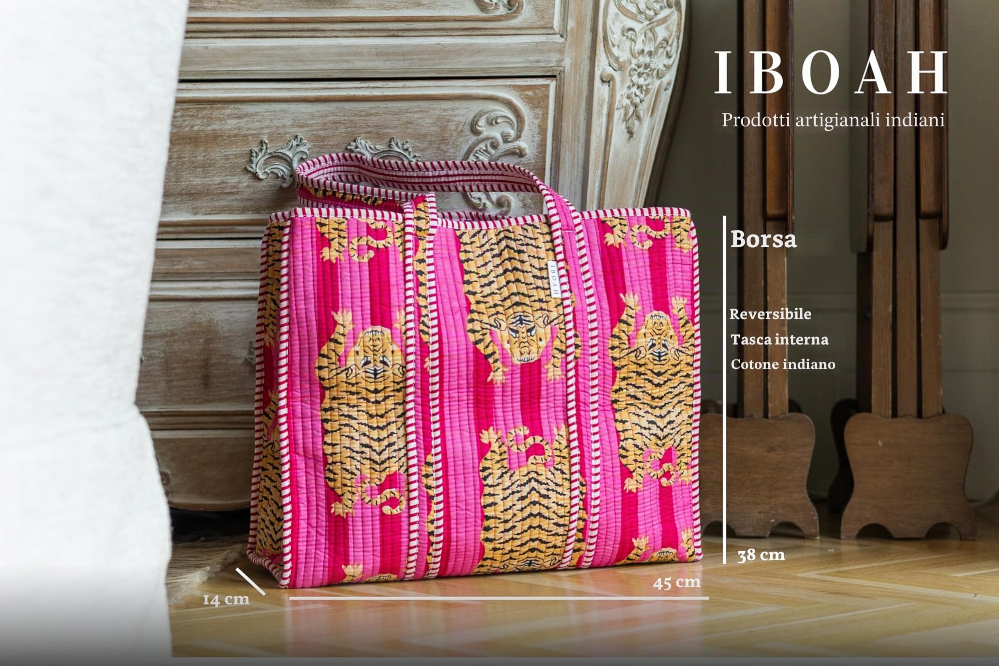 Borsa a mano grande imbottita in cotone con motivo a tigre – Tote Bag versatile per spiaggia, shopping, viaggi e uso quotidiano