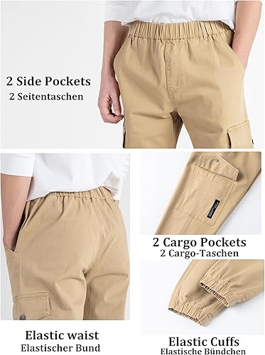 Miniatura 5 de CAMLAKEE Pantalones cargo para niños, cintura elástica, pantalones deportivos de sarga para niños