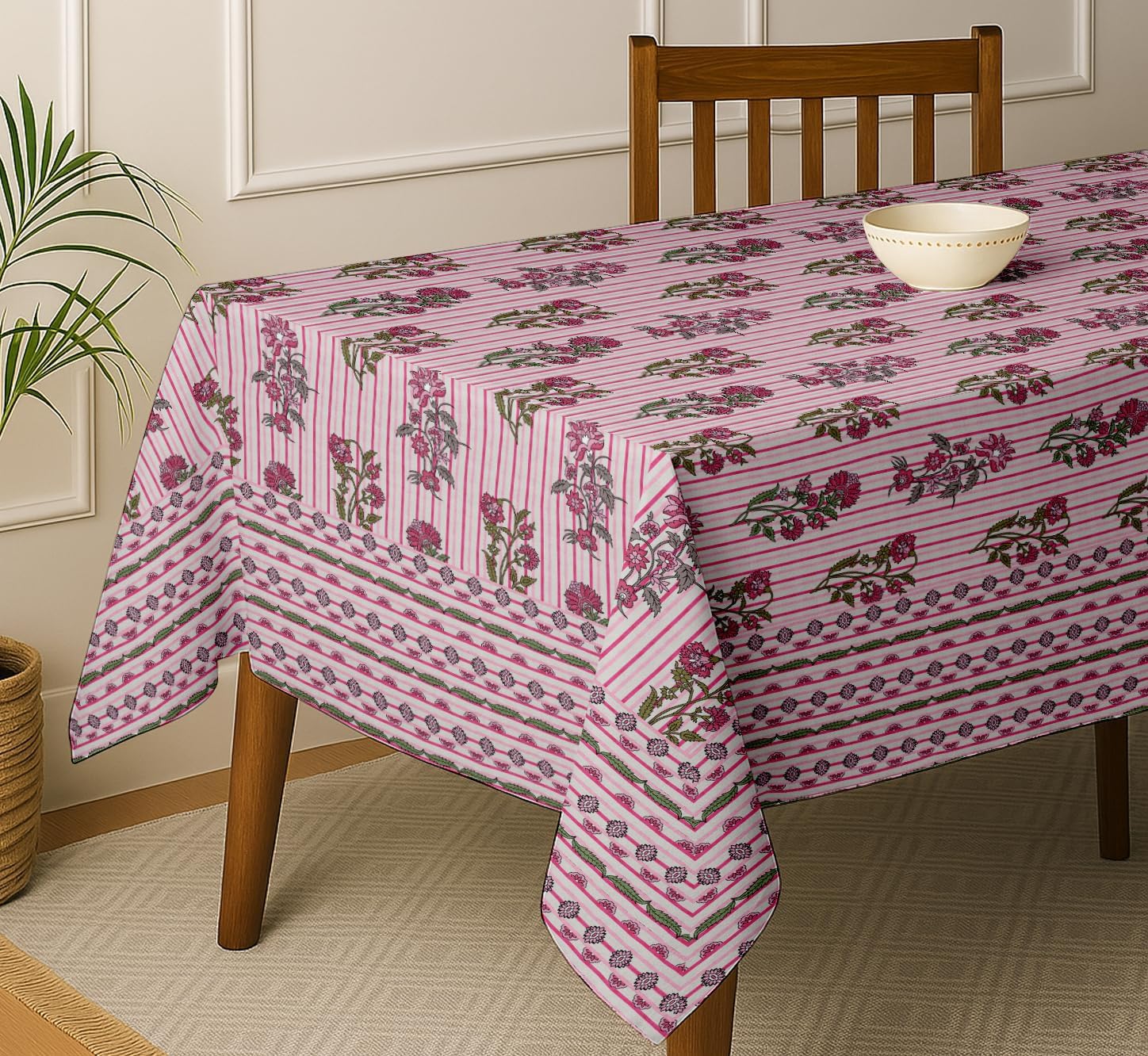 Floral Design Tablecloth- Pink 60x60 Inch Cotton Twill Dining Table Cover, Perfect for 4 Seater Tables, Durable, Protective & Washable, Ideal for Everyday Use, Festive Occasions & Gatherings