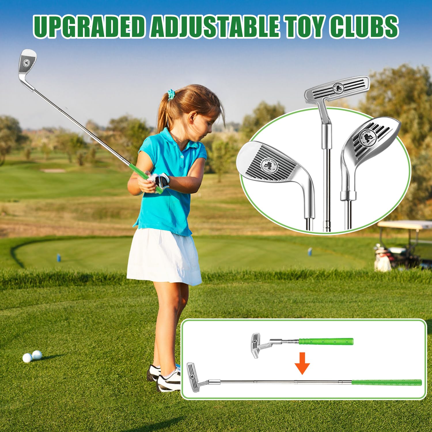 Jouet de golf pour enfants, kit de jeu de golf comprenant un tapis de golf, 3 clubs de golf, 8 balles, 2 trous d'entraînement et 3 drapeaux de golf, chaque lieu peut être utilisé