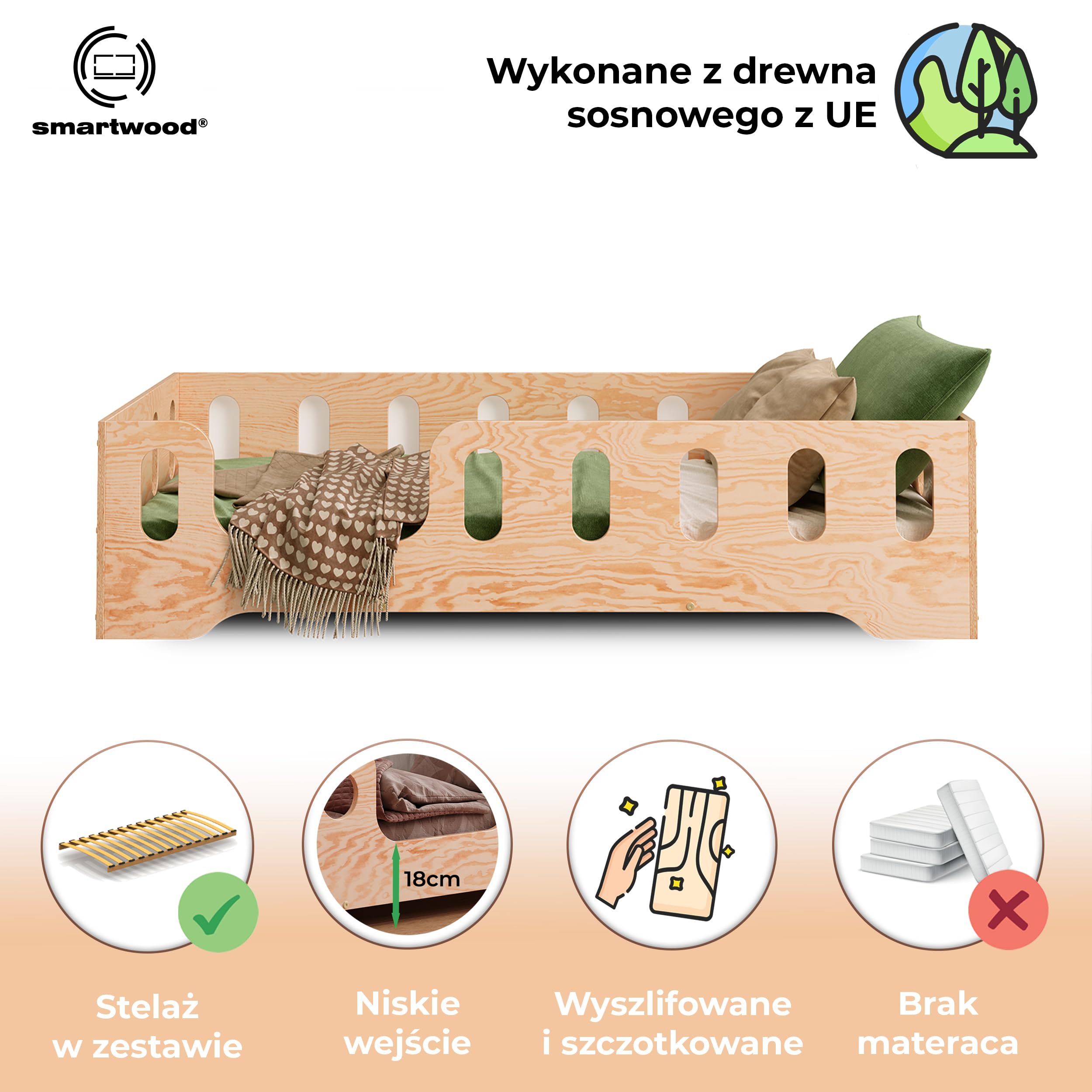 smartwood Łóżko Dziecięce 90x200 Drewniane z Barierką i Stelażem - TILA 2L - Naturalne Łóżko Podłogowe Jednoosobowe Dla Chłopaka i Dziewczynki - Łatwy Montaż oraz Udźwig do 230 kg