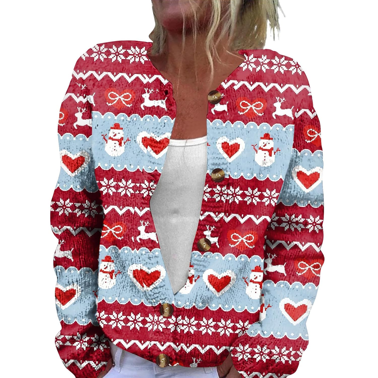 Ugly Christmas Sweater Women Funny Xmas Print Button Down Open Front Cardigan Sweaters Knit Sweater Holiday Coat Top