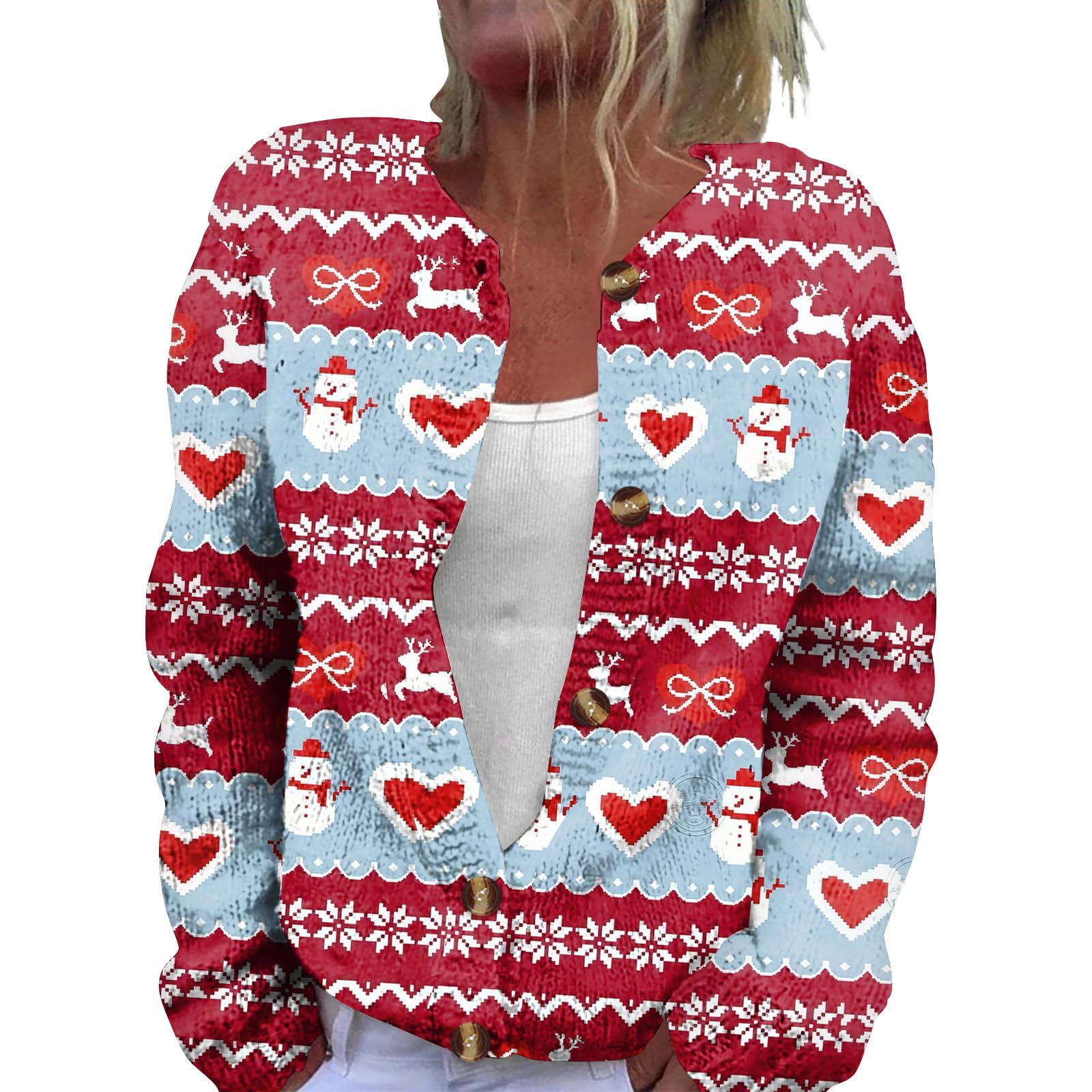 Ugly Christmas Sweater Women Funny Xmas Print Button Down Open Front Cardigan Sweaters Knit Sweater Holiday Coat Top