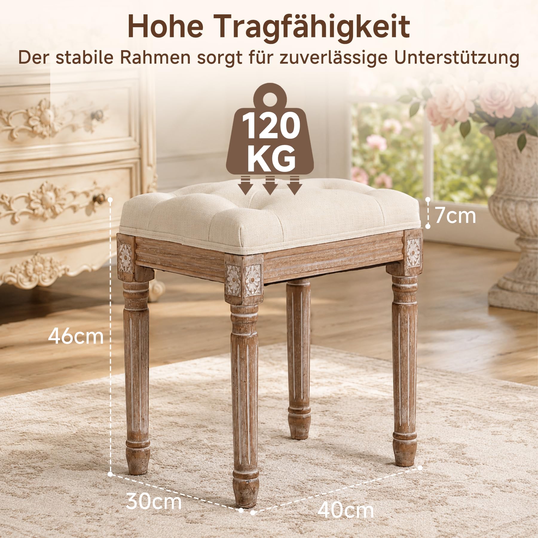 Schminkhocker Landhaus, Hocker für Schminktisch, Sitzhocker Samt, Klavierhocker Kosmetikhocker, Polsterhocker für Schlafzimmer, 40 * 30 * 46cm, Massivholzbeine, Beige