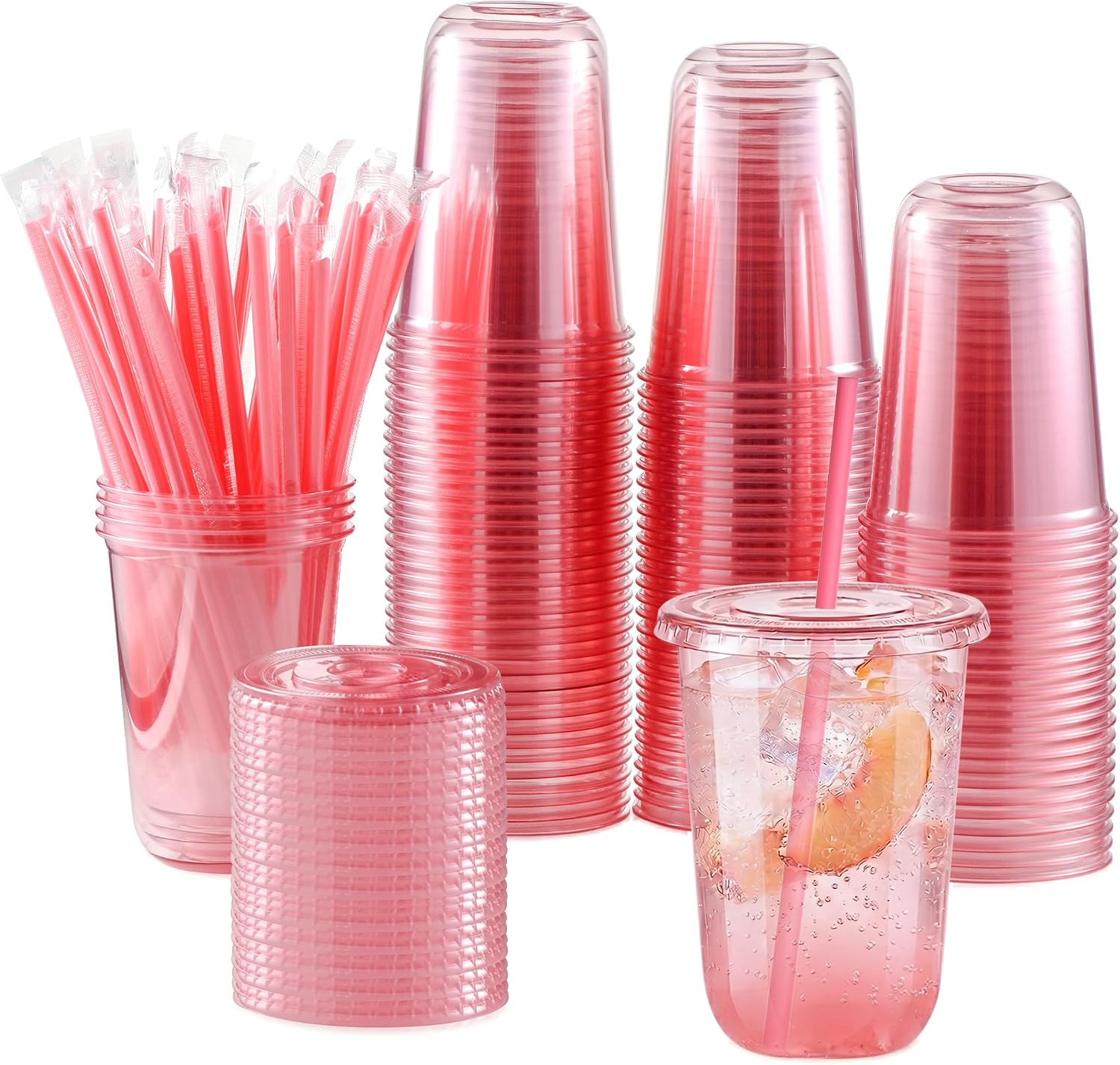 100 Pack 16 oz Pink Plastic Cups with Lids and Straws, U-Shaped Party Cups (Pink, 16oz)