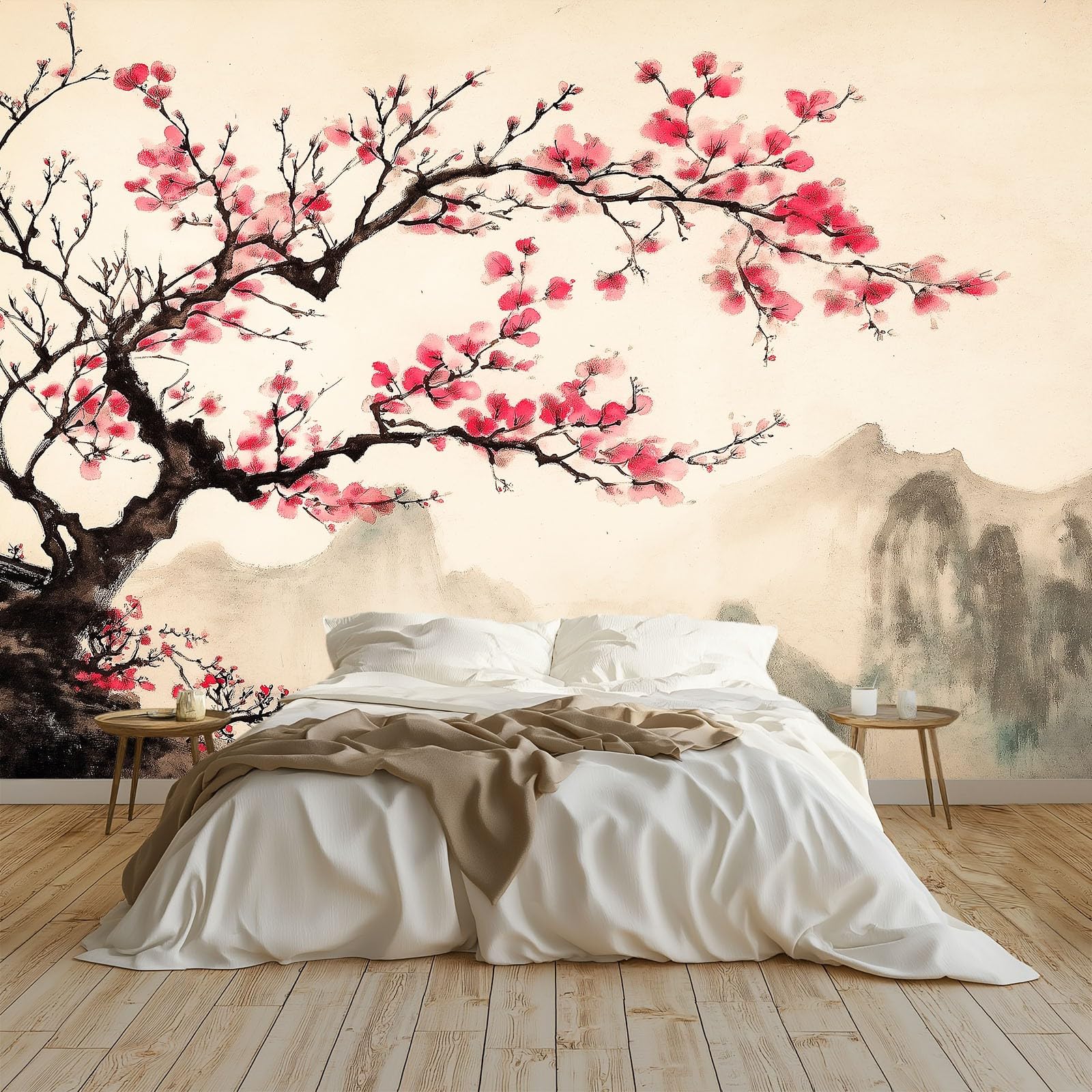 Fotomurales 3D Árbol de flores rosas pintado en tinta 350x256 cm Papel Pintado Fotográfico, Decoración De la Pared Murales para Salón, Dormitorio, Habitación para Niños, Pared de TV