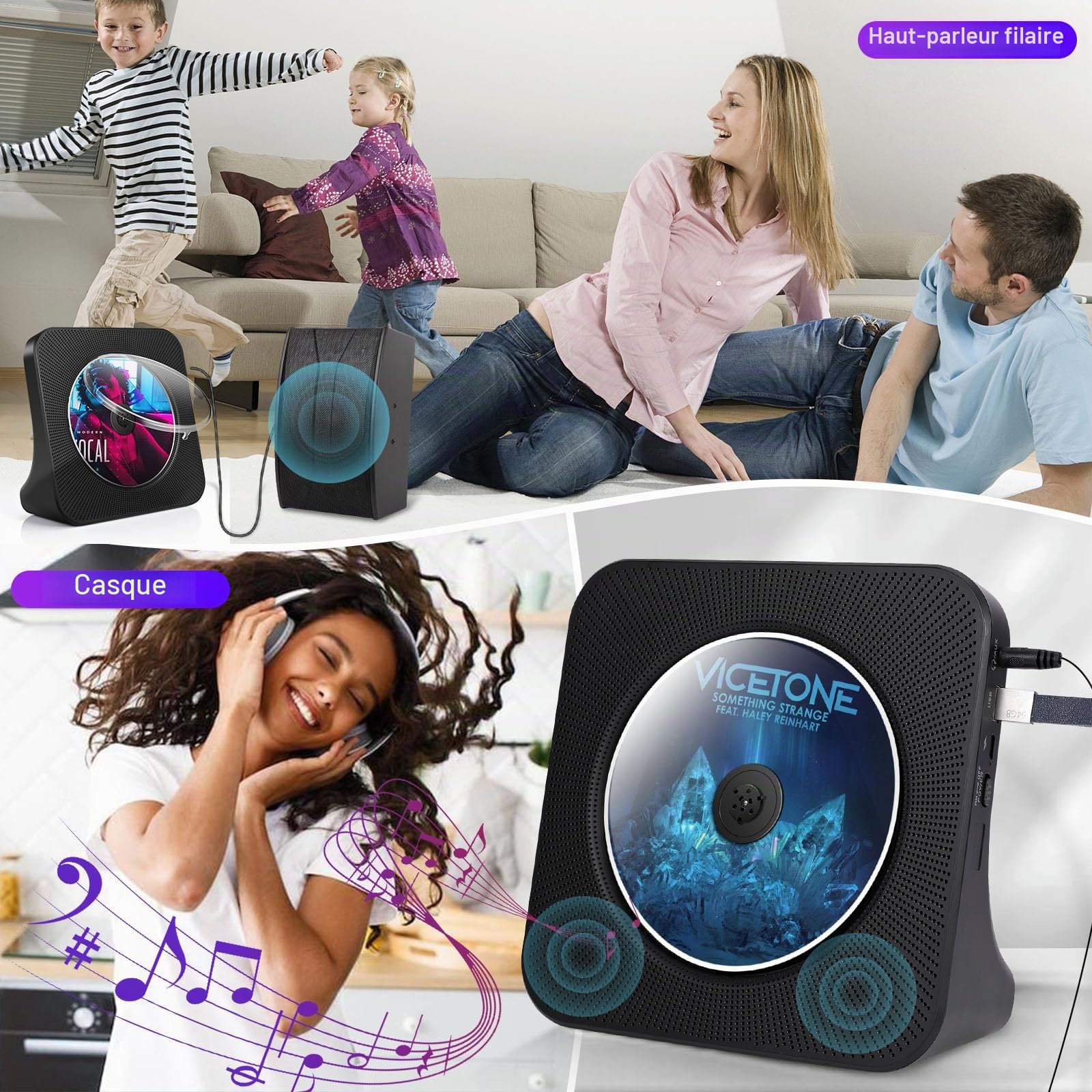 Lecteur CD Bluetooth avec Design Bureau, Lecteur CD Radio Portable avec Double Haut-parleurs & minuterie, Supporte entrée AUX/USB, Radio FM, Prise Casque, Transmission Bluetooth, écran LCD