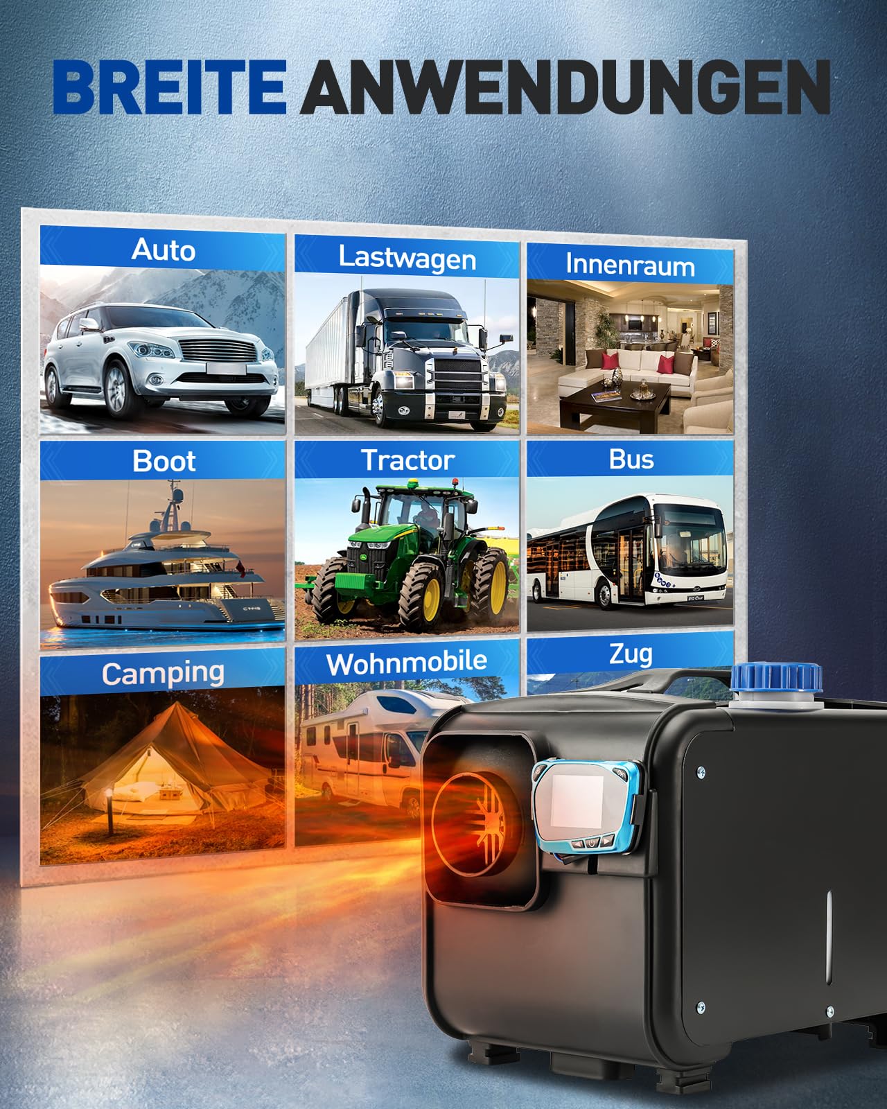 Calentador diésel de 12 V y 5 KW para Carpas, automóviles, vehículos recreativos, Camiones, autocaravanas y remolques, Calentador de Aire diésel Negro Todo en uno con un Solo Orificio